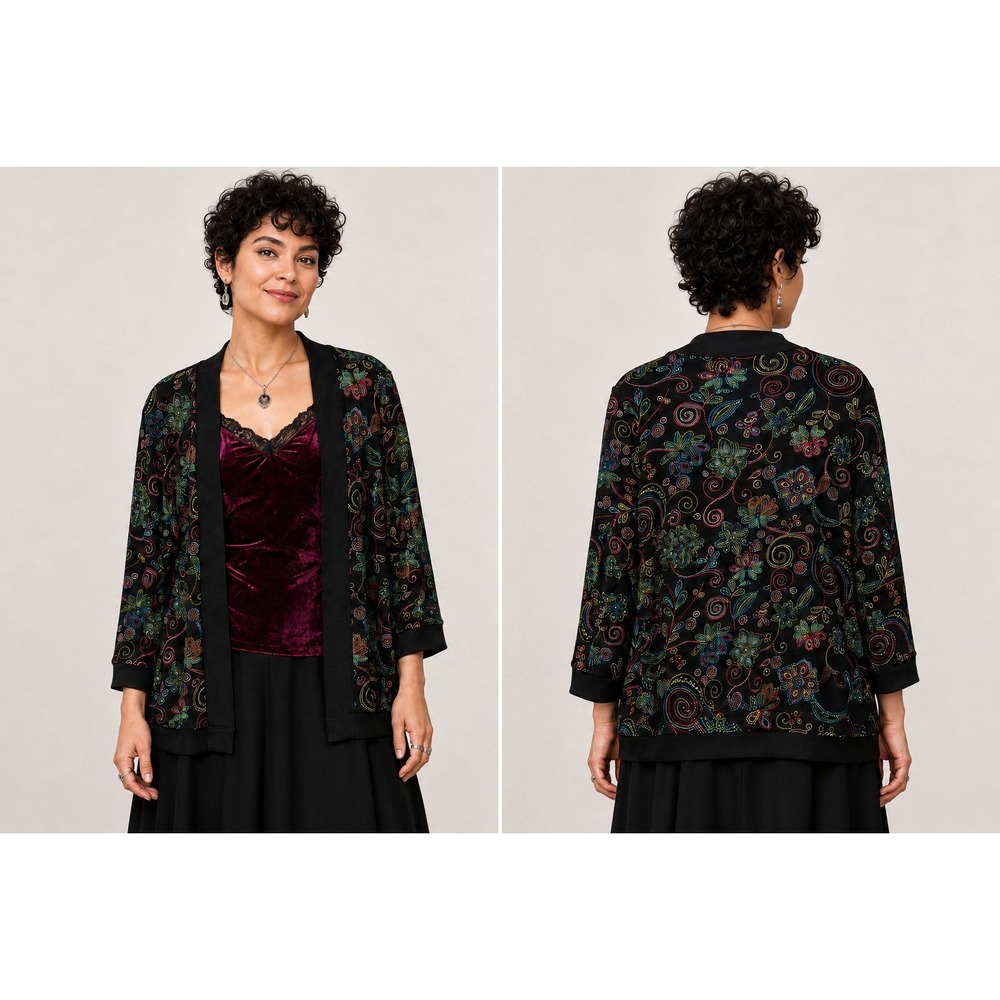 Retro Y2K Boho Whimsigoth Artsy Black Textured Floral Paisley Cardigan L Jacket